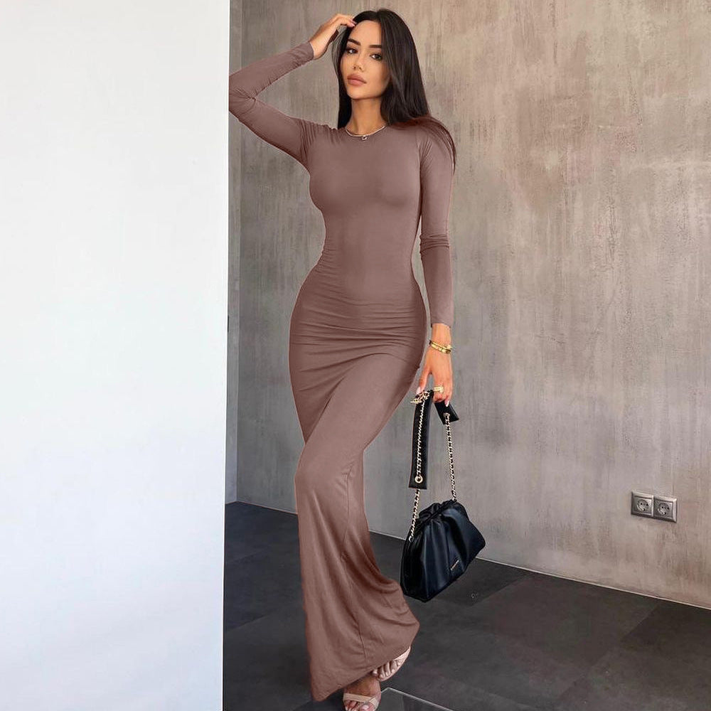 LOVEVOP  style cross-border women's clothing  summer new fashionable and sexy slim-fitting solid color round neck mid-waist long-sleeved dress