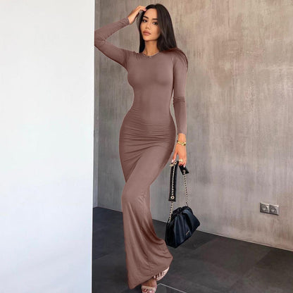LOVEVOP  style cross-border women's clothing  summer new fashionable and sexy slim-fitting solid color round neck mid-waist long-sleeved dress