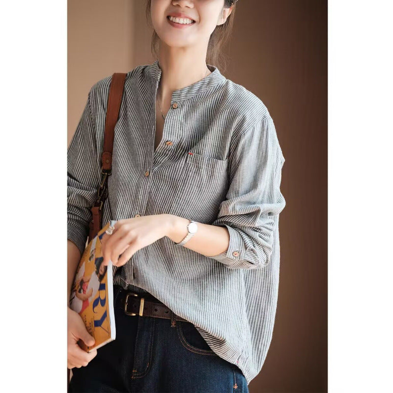 summer new Japanese simple literary and retro striped shirt loose large size versatile long-sleeved top women