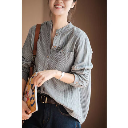 summer new Japanese simple literary and retro striped shirt loose large size versatile long-sleeved top women