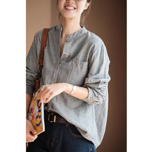 summer new Japanese simple literary and retro striped shirt loose large size versatile long-sleeved top women
