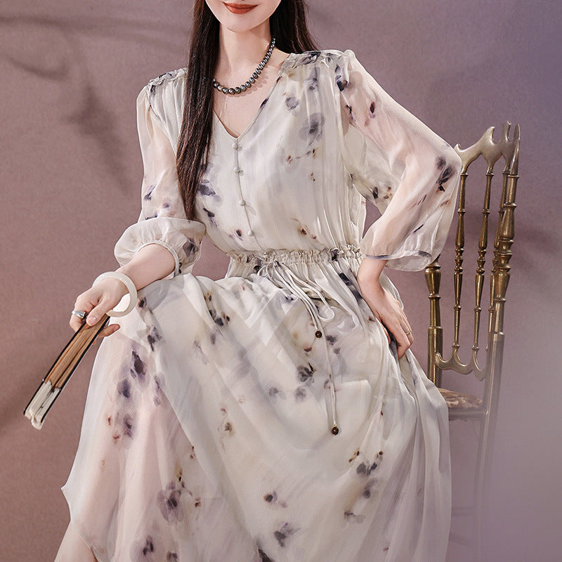 2025 Ink smudge silk dress 100 mulberry silk new Chinese style printed long dress, mesh women's clothing summer