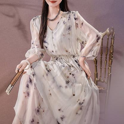 2025 Ink smudge silk dress 100 mulberry silk new Chinese style printed long dress, mesh women's clothing summer