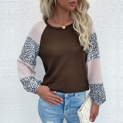 LOVEVOP popular popular autumn New women's waffle crew neck top splicing leopard print bottoming knitted sweater