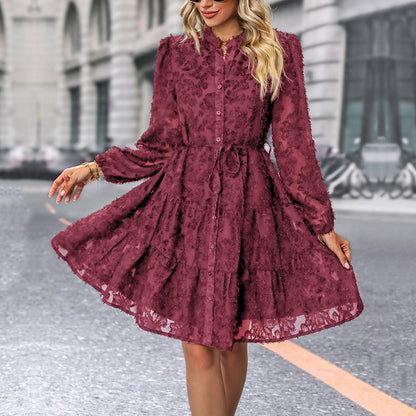 LOVEVOP New Hot Trade Black Skirt Hot Autumn New 2025 Jacquard Long Sleeve Cross-border Dress