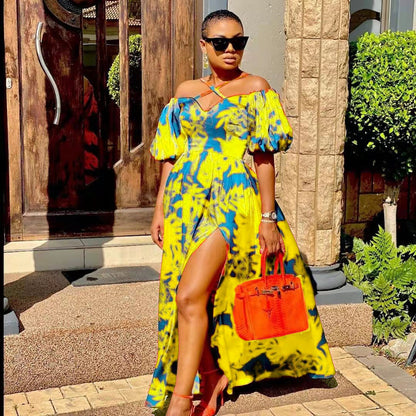 2025 New new spring and summer  2025 women's clothing dress printed open-ended tube top hanging neck V-neck long dress