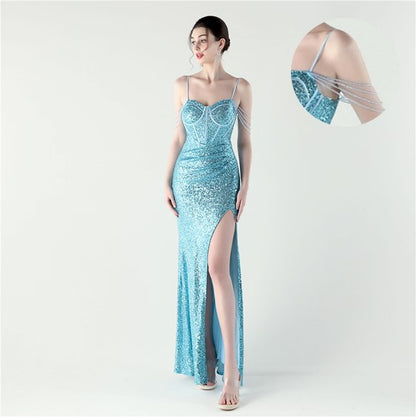 33310 #Dinner Focus 2025 Premium Spot Sequin Fishbone Vest Bead Suspender High Split Evening Dress
