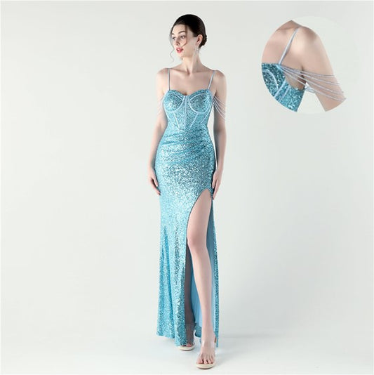 33310 #Dinner Focus 2025 Premium Spot Sequin Fishbone Vest Bead Suspender High Split Evening Dress