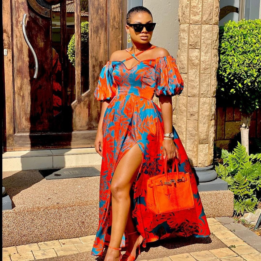 2025 New new spring and summer  2025 women's clothing dress printed open-ended tube top hanging neck V-neck long dress