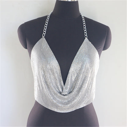 2025 Sequins bright diamond vest  nightclub style sexy metal chain hanging neck V-neck halter top small vest fb1542