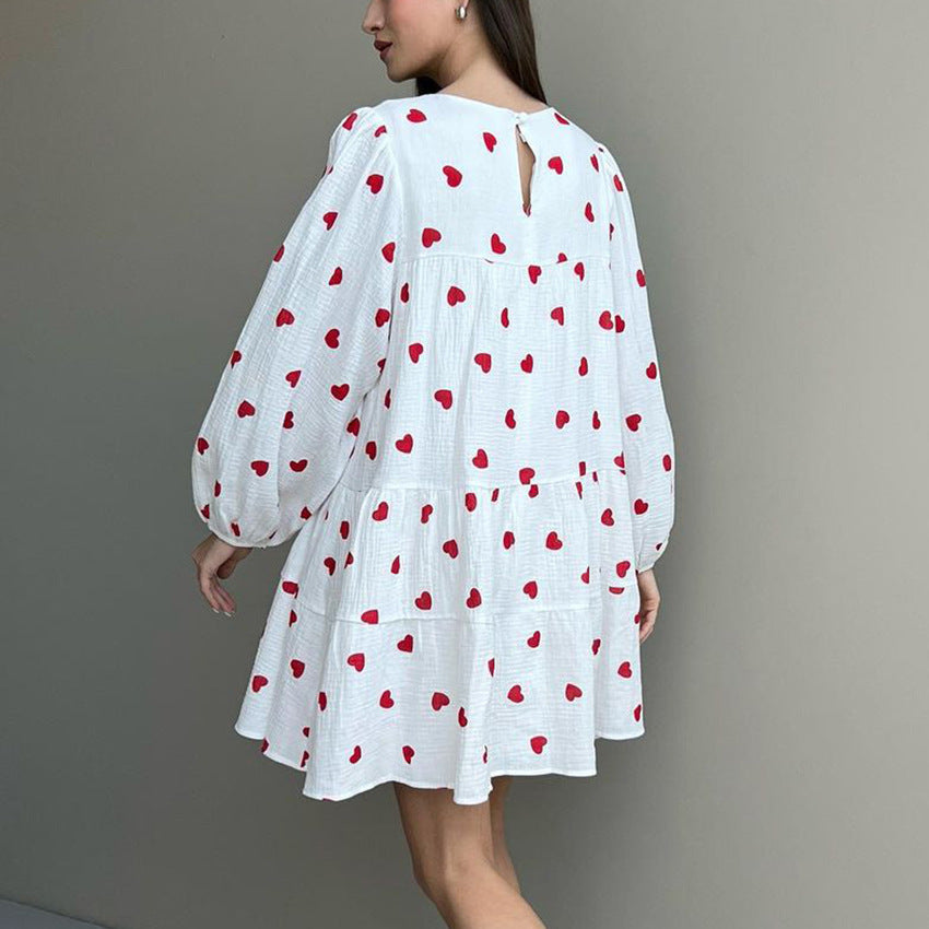 2025 fashion versatile crew neck dress women's  autumn bubble sleeve sleeve A-shaped skirt loose casual printing