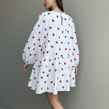 2025 fashion versatile crew neck dress women's  autumn bubble sleeve sleeve A-shaped skirt loose casual printing