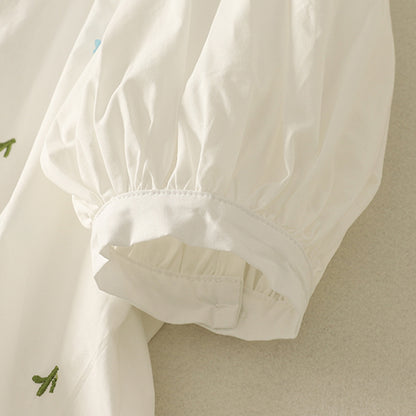 summer new literary and retro heavy industry embroidered flower short-sleeved shirt versatile lace collar lace-up shirt