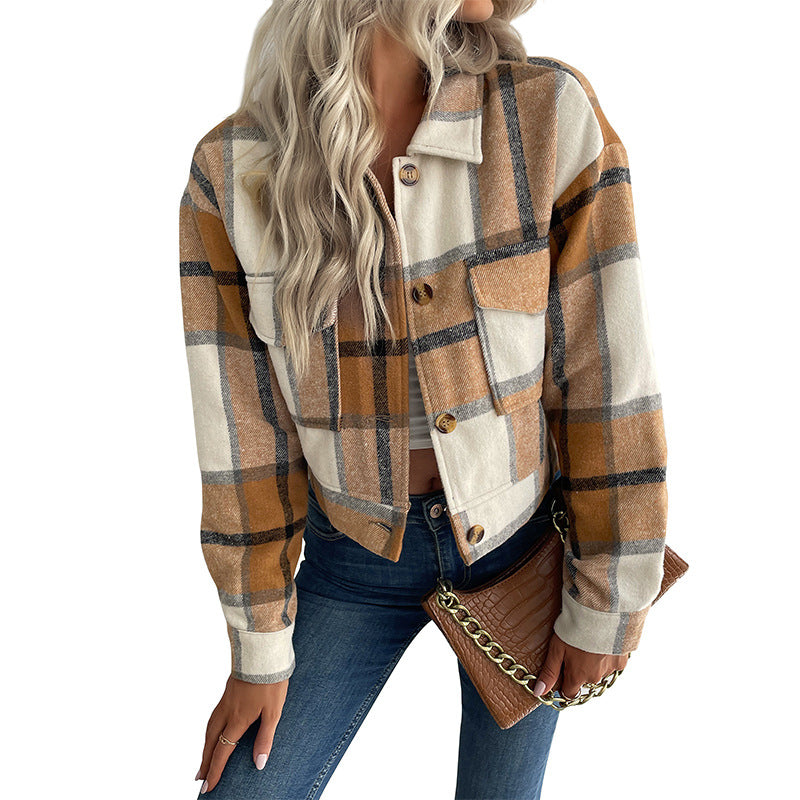 LOVEVOP women's clothing New3 autumn and winter 2025  trade short plaid cardigan shirt retro jacket jacket