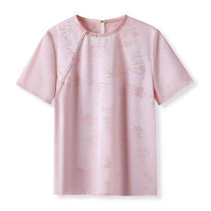 Summer new flower jacquard mulberry silk short-sleeved solid color light luxury simple design temperament T-shirt top M4006