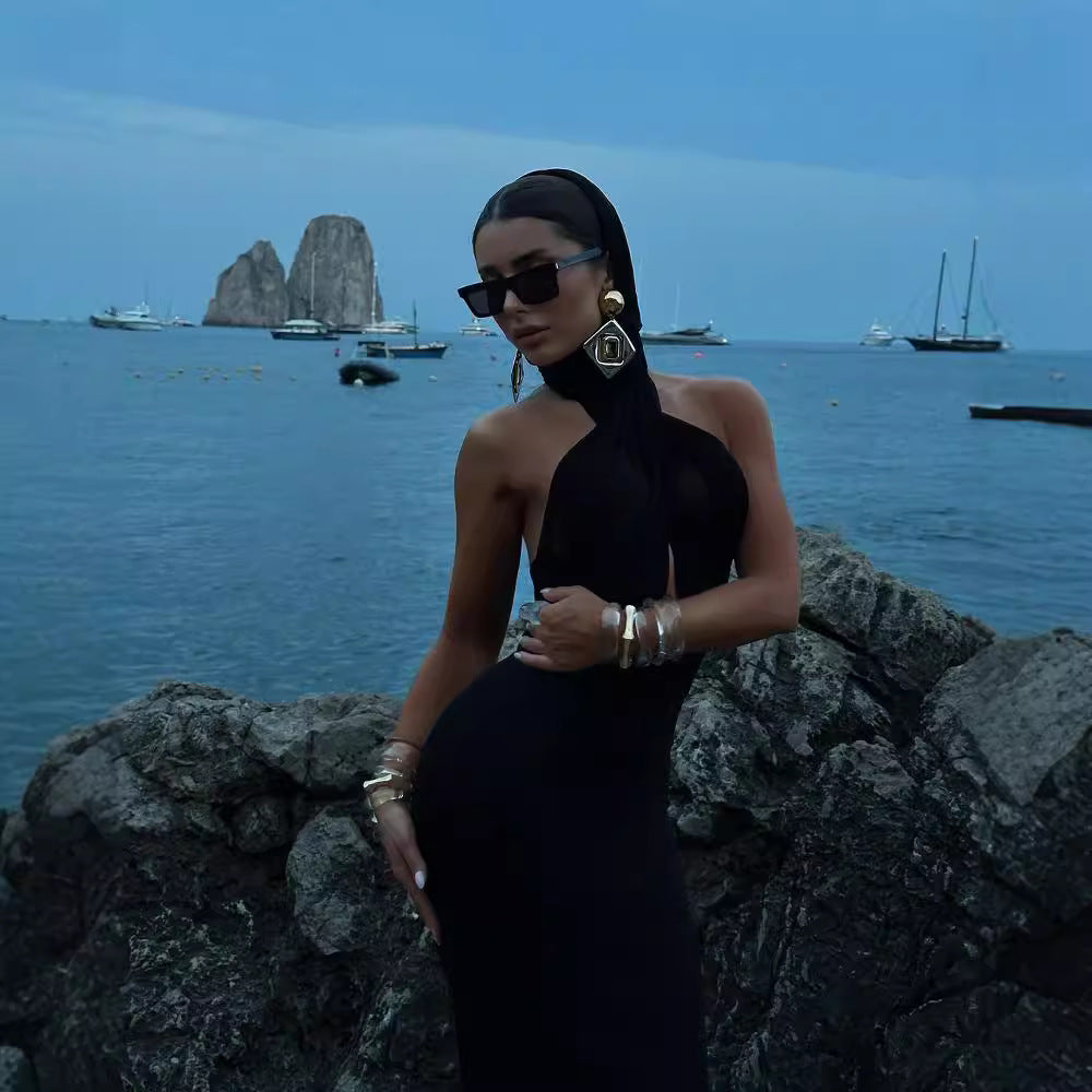 LOVEVOP popular Autumn Elegant Ladies Black White Slim Fit Neck Long Dress One Shoulder Halter Dress Wholesale Dress