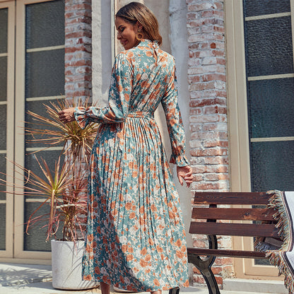 LOVEVOP independent station foreign trade Hot autumn and winter new cross-border women's clothing 2025 printed dress long pleated skirt