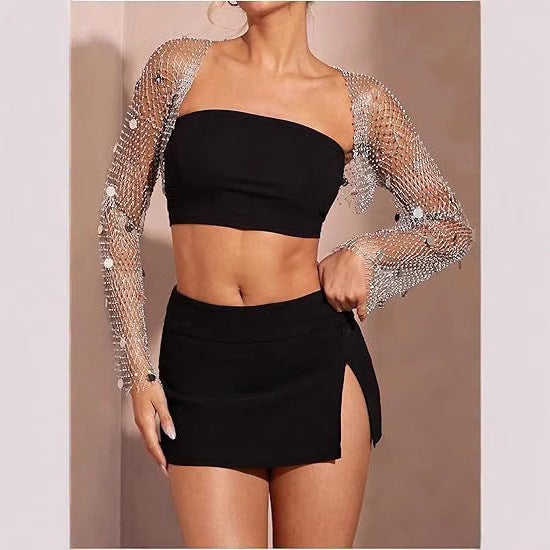 2025 F4911Y Cross mirror fishnet sequined cardigan top with diamonds Blingbling  Coverups top
