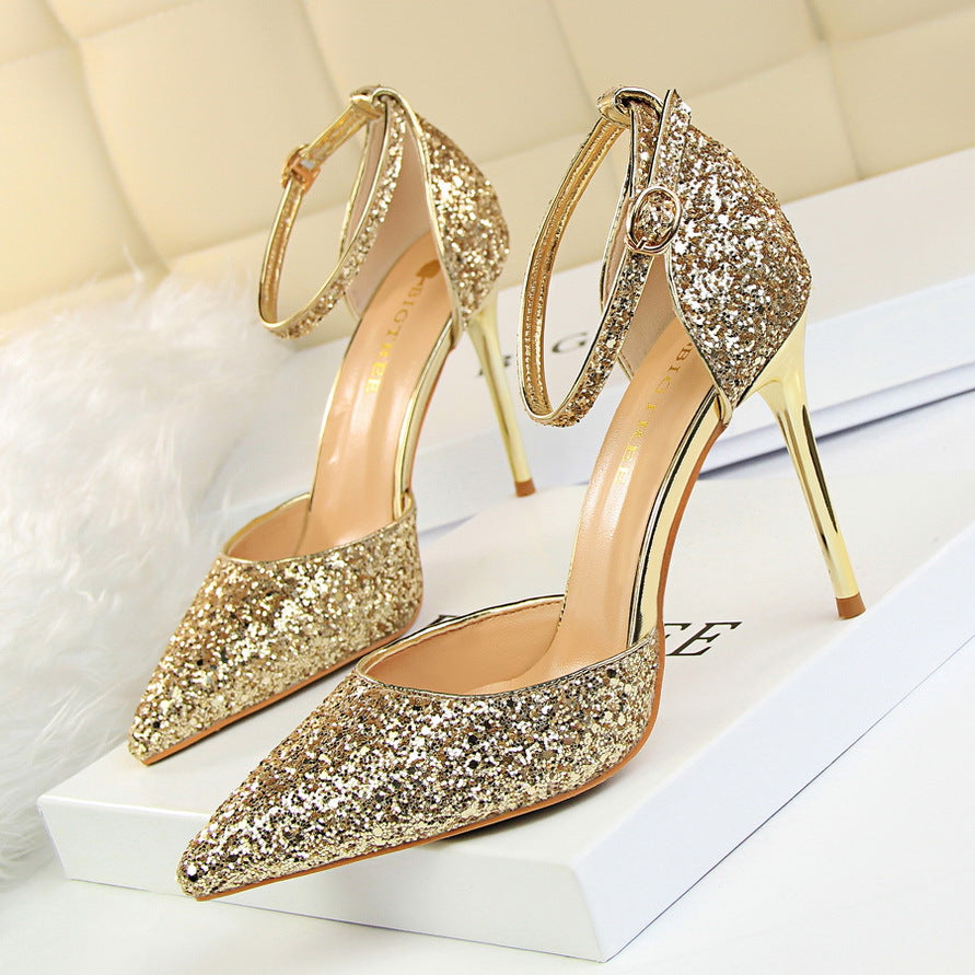 2025 283-A1  sexy nightclub women's shoes high heel shallow mouth pointed metal thin heel with sequined hollow sandals