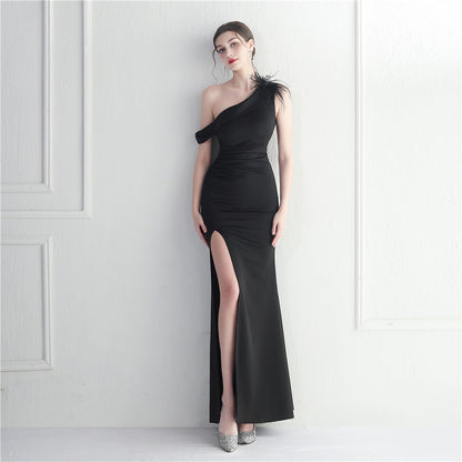 19962 #Cross-border Popular trade supply Ostrich hair decorative slant shoulder collar split fork 2025 sexy dress Evening dress