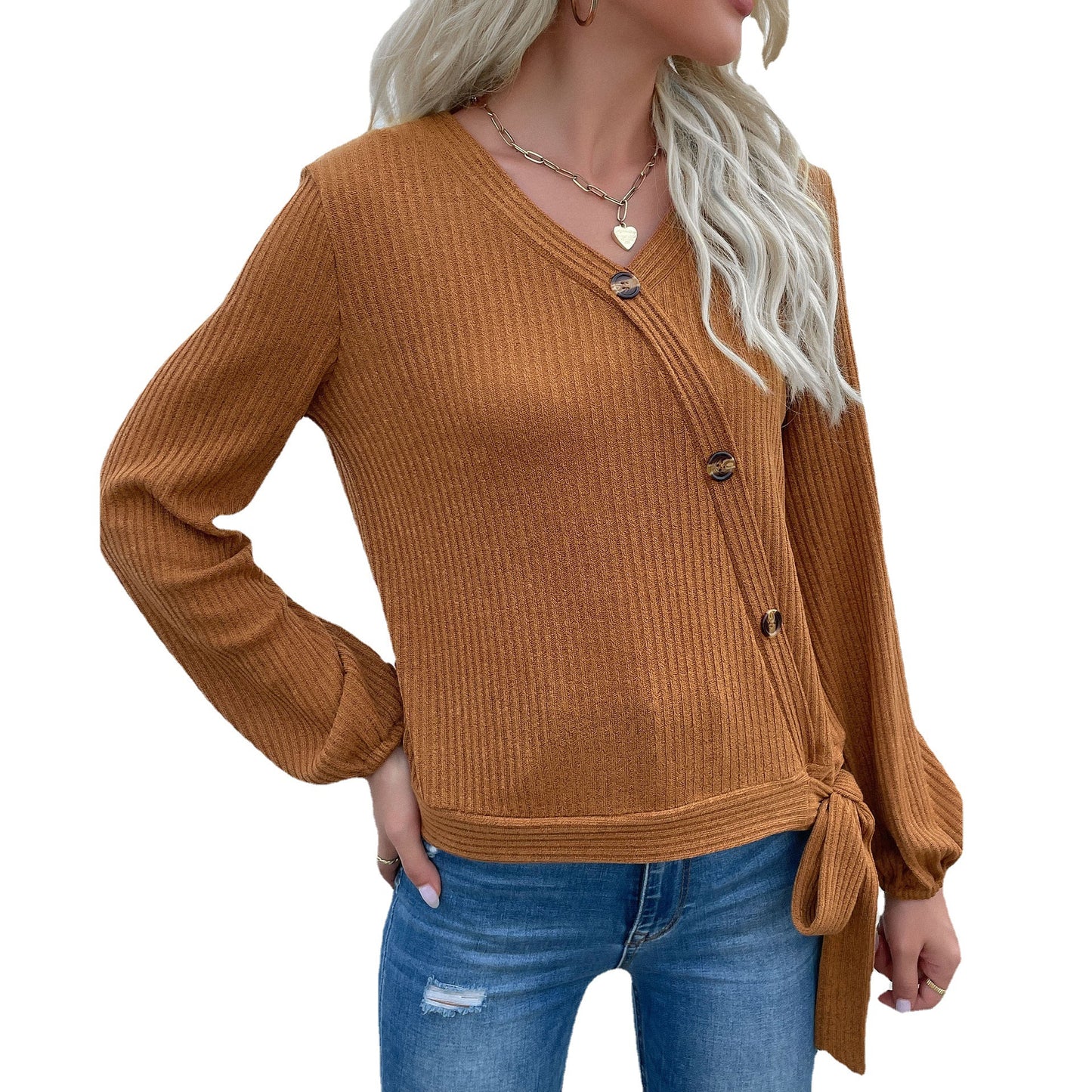 LOVEVOP New New Product popular Autumn Model Middle East Pullover Women's Top Long Sleeve Button Pit Strip Bottom Knitted Sweater