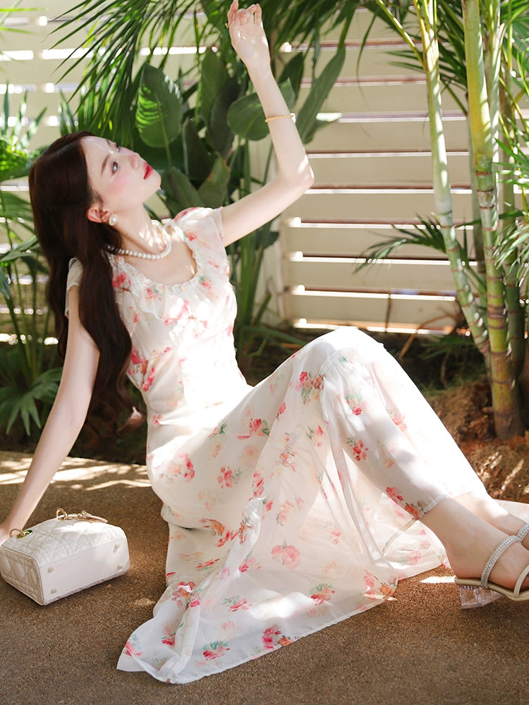 Coffee break  romantic floral dress female summer unique beautiful waist pinched beautiful long dress fairy vacation chiffon dress