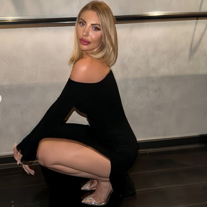 LOVEVOP 2025 style cross-border Hot autumn new sexy split-end solid color long-sleeved diagonal collar temperament dress wholesale