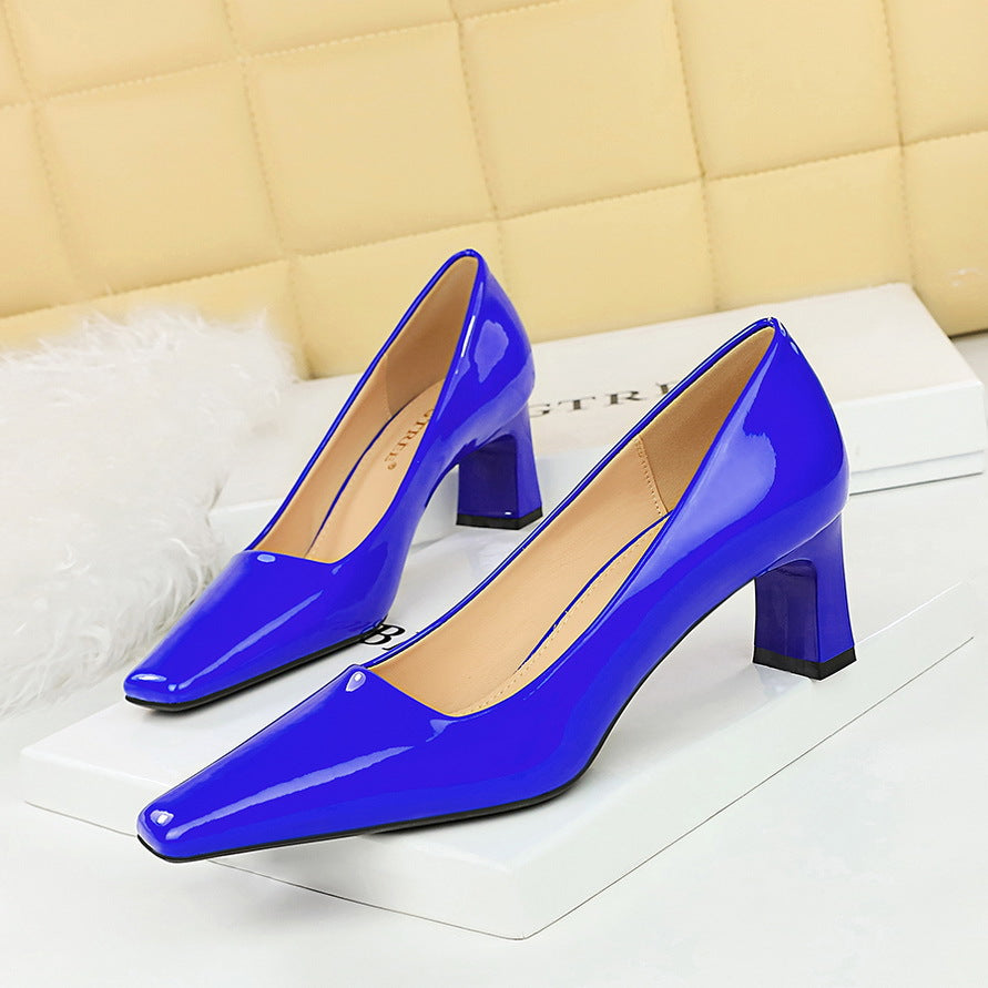 2025 6186-1  style fashionable and simple high heel thick heel light mouth square head bright patent leather commuting versatile women's shoes single shoes