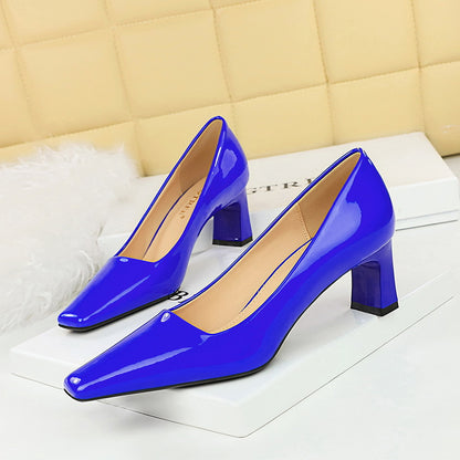 2025 6186-1  style fashionable and simple high heel thick heel light mouth square head bright patent leather commuting versatile women's shoes single shoes