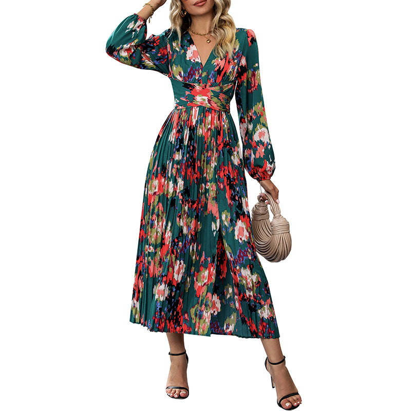 LOVEVOP independent station foreign trade pleated long dress Hot autumn new 2025 women's cross-border printing long-sleeved jumpsuit