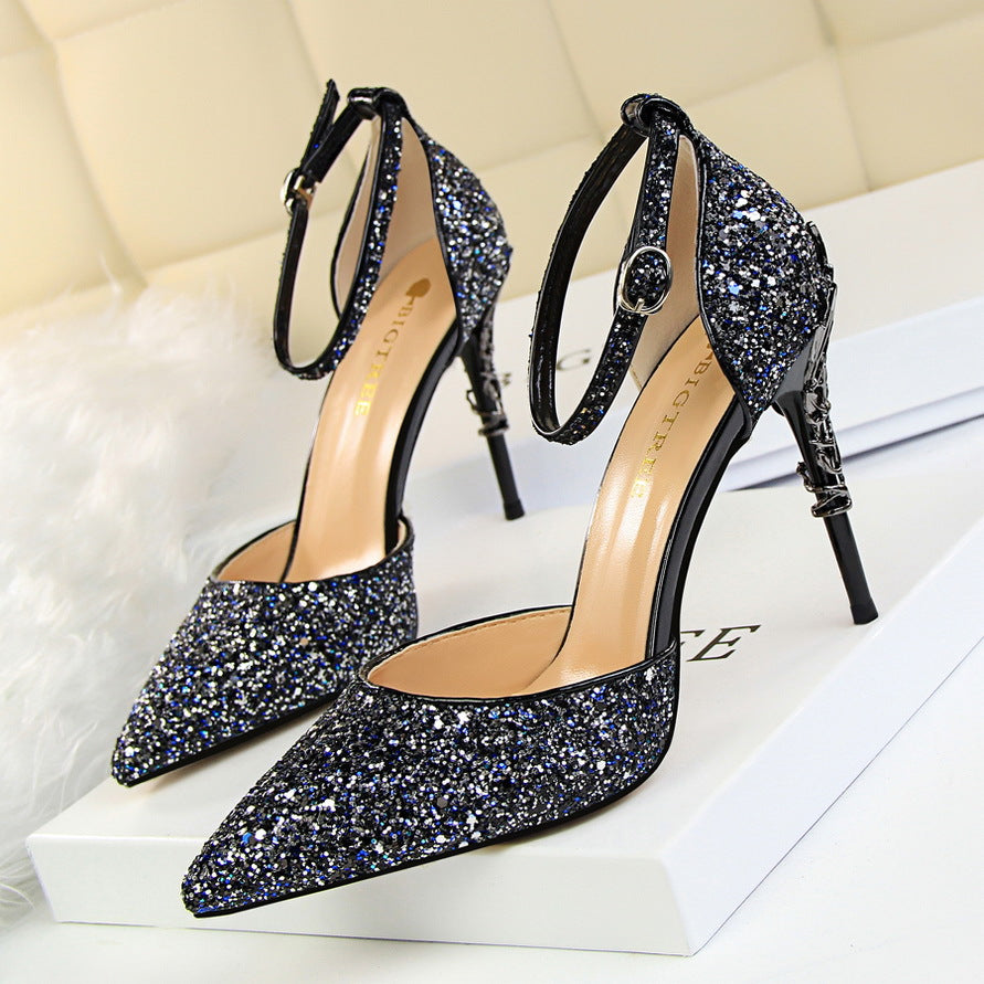 2025 283-5  style fashionable and sexy hollow nightclub showing thin metal heel high heel sparkling sequins with sandals