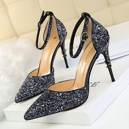 2025 283-5  style fashionable and sexy hollow nightclub showing thin metal heel high heel sparkling sequins with sandals