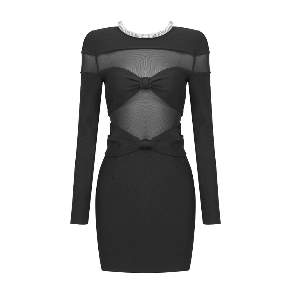 LOVEVOP popular autumn and winter new bow mesh diamond strip bandage dress New black long-sleeved semi-transparent inner women's clothing