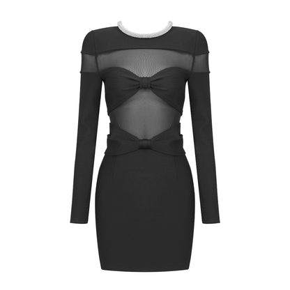 LOVEVOP popular autumn and winter new bow mesh diamond strip bandage dress New black long-sleeved semi-transparent inner women's clothing