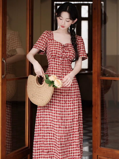 great-looking waist pinched retro red plaid dress temperament waist plaid skirt summer beautiful small skirt