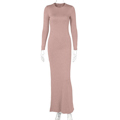 LOVEVOP  style cross-border women's clothing  summer new fashionable and sexy slim-fitting solid color round neck mid-waist long-sleeved dress