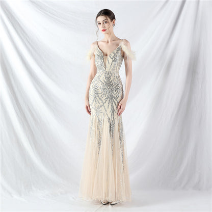31971 #9 color craft order ostrich hair mesh beads sexy suspender dress evening dress