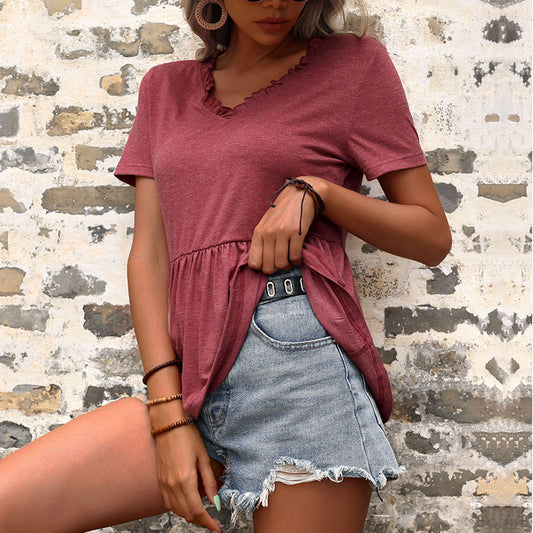 LOVEVOP New Cross-border popular New Summer 2025 V-Neck Casual Solid Color Loose T-Shirt Short Sleeve Top Women