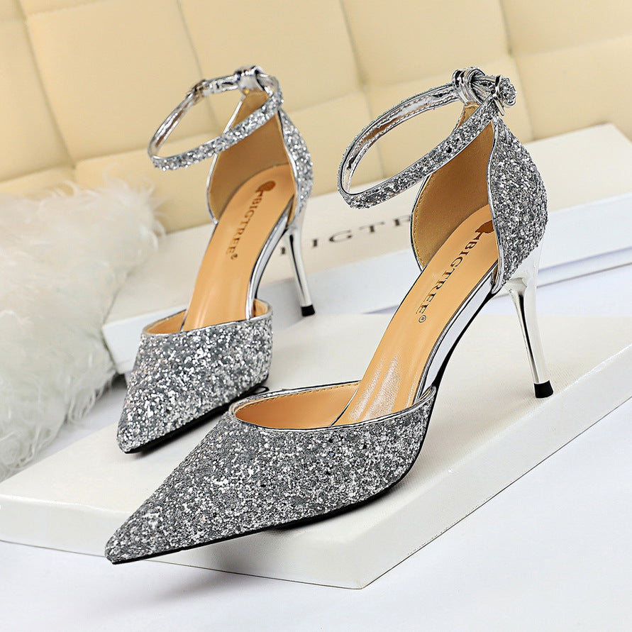 2025 283-A1  sexy nightclub women's shoes high heel shallow mouth pointed metal thin heel with sequined hollow sandals