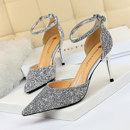 2025 283-A1  sexy nightclub women's shoes high heel shallow mouth pointed metal thin heel with sequined hollow sandals