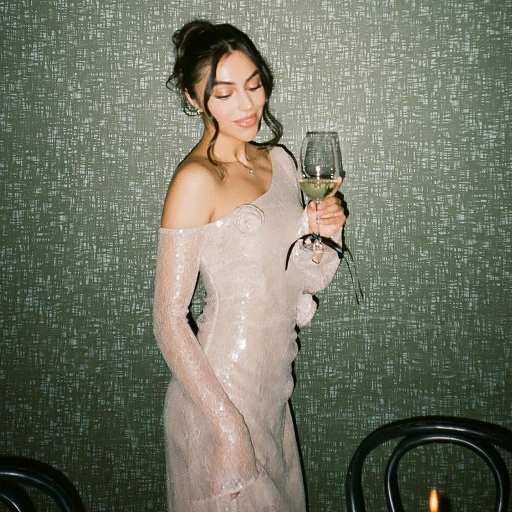 LOVEVOP Hot-selling Popular,   Chinese New Year long-sleeved perspective hollow dress women's clothing new party lace beads fashion