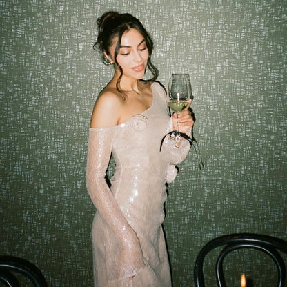 LOVEVOP Hot-selling Popular,   Chinese New Year long-sleeved perspective hollow dress women's clothing new party lace beads fashion