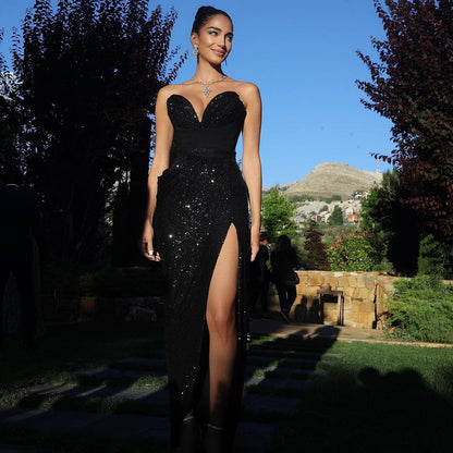 LOVEVOP black tube top beads split long dress  women's dress New high-end dress fashion set