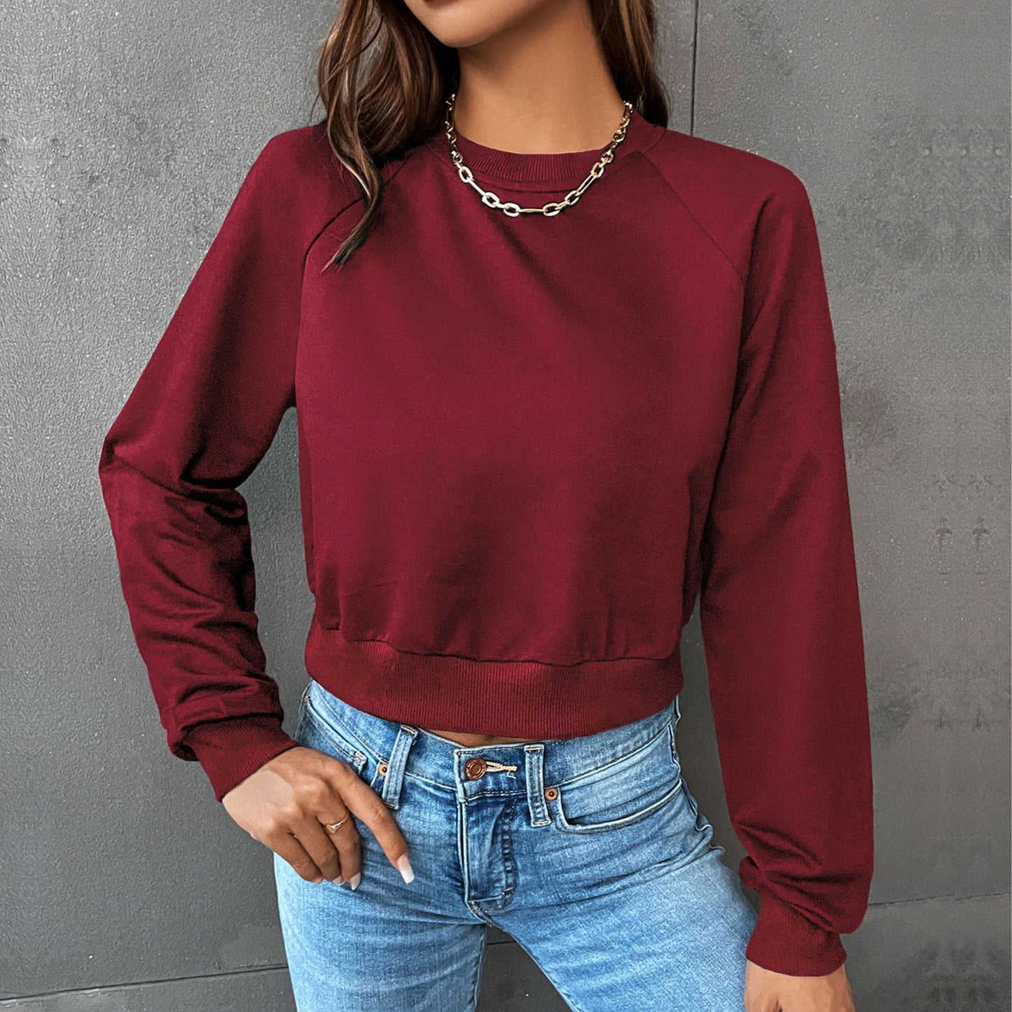 LOVEVOP popular new New Popular trade leisure sports ragged sleeves top Popular trade short navel round neck pullover sweater women