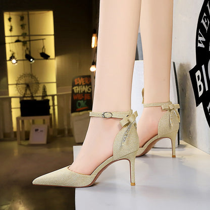 2025 286-2  style hollow high heels stiletto high heel shallow mouth pointed hollow word with back bow sandals