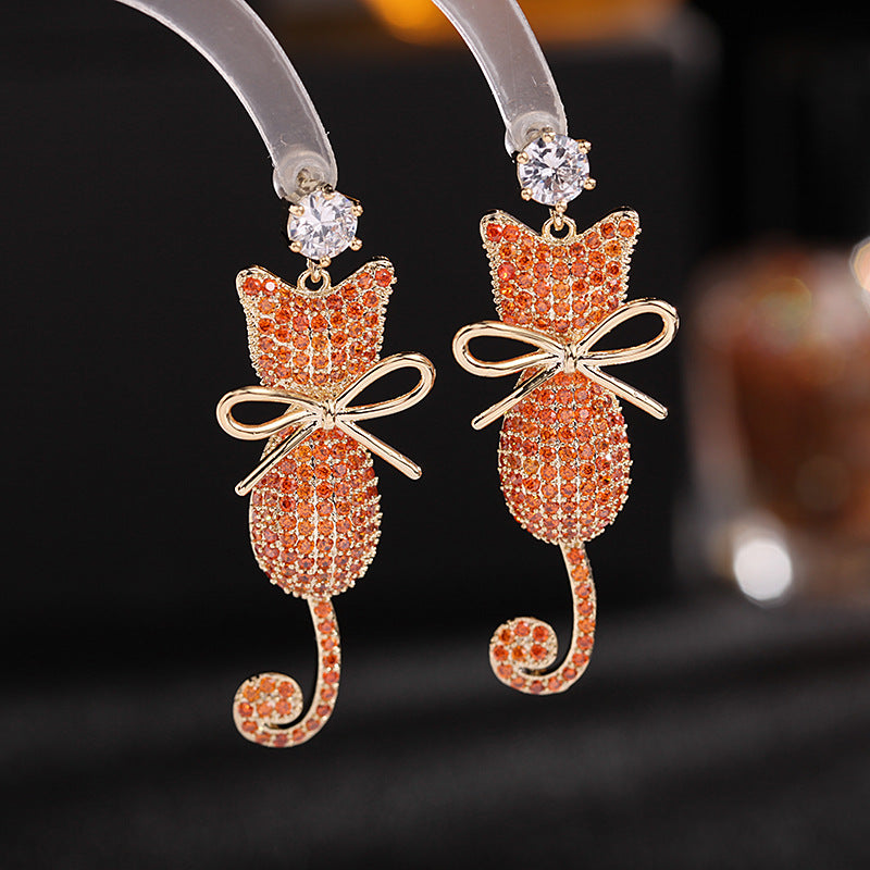 2025 Korean color zircon earrings women's wholesale 925 silver needle personalized animal earrings cute bow cat earrings