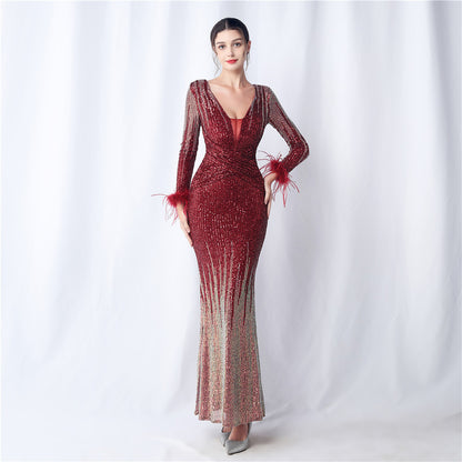 31571 #Popular trade new popular craft order ostrich hair gradual change beads long sleeve evening dress