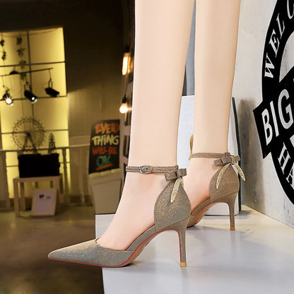 2025 286-2  style hollow high heels stiletto high heel shallow mouth pointed hollow word with back bow sandals