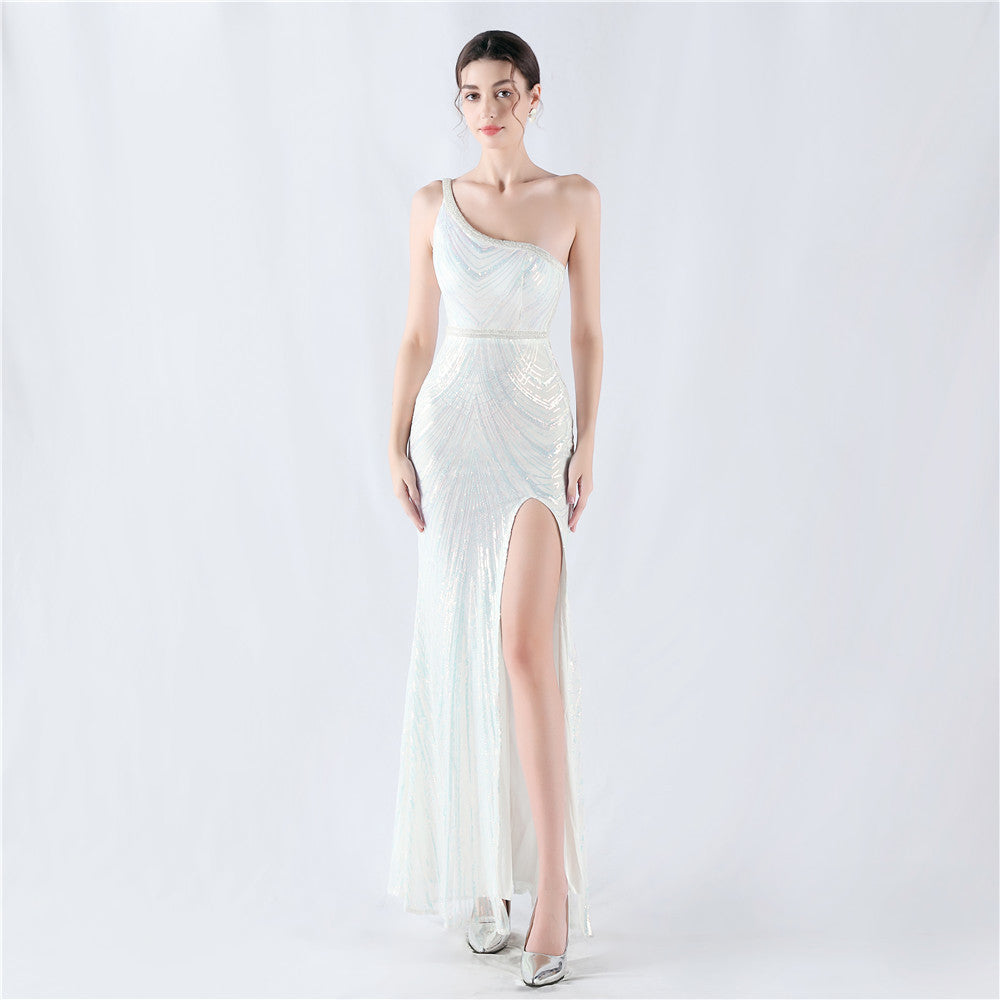 32076 #Popular trade new dress positioning flower bead piece heavy industry nail bead high fork shoulder evening dress