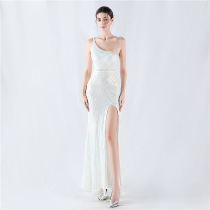 32076 #Popular trade new dress positioning flower bead piece heavy industry nail bead high fork shoulder evening dress